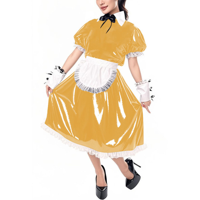 Sissy Puff Short Sleeve Vinyl PVC Maid Dresses Halloween Party Cosplay Servant Uniform Cross Dresser Midi Maid Dress with Apron