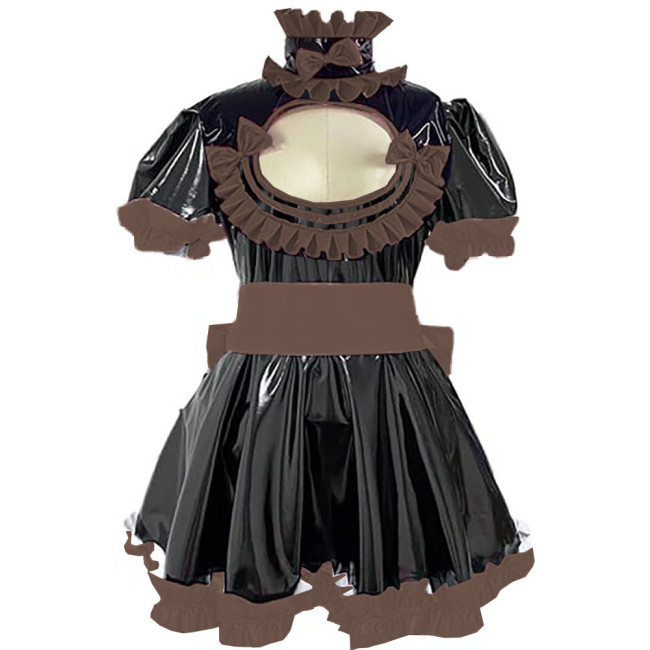 Cross Dresser Ruffles Hem A-line Maid Dresses Sissy Vinyl PVC Leather Lolita Maid Dress Exotic Hollow Pleat Short Dress Outfits