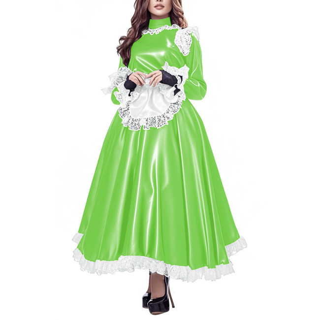 Party Gothic Maid Long Dress Elegant Lolita PU Leather High Waist Maid Dresses with Apron Cross-dresser Cosplay Maid Uniforms