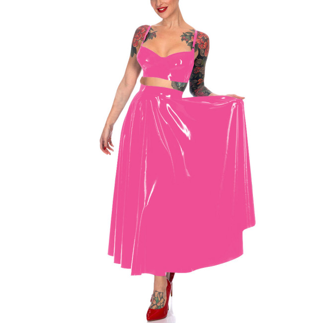 Summer Crop Tank Pleated Long Skirt Sets Women Strap Sleeveless Vest and High Waist A-line Skrits Wetlook PVC Club Dress Suits