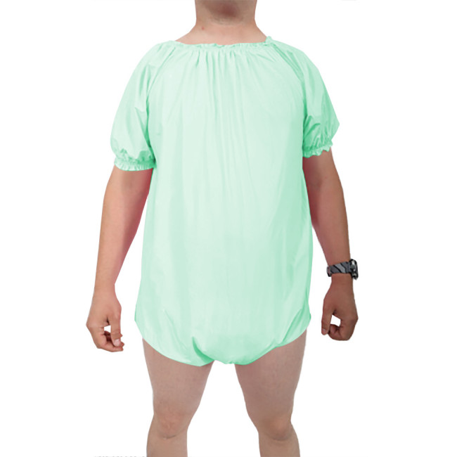 Mens Back Zipper Wetlook Bodysuit Round Collar Short Sleeves One-piece Diaper Loose Romper Club High Cut Jumpsuit Sexy Body Tops