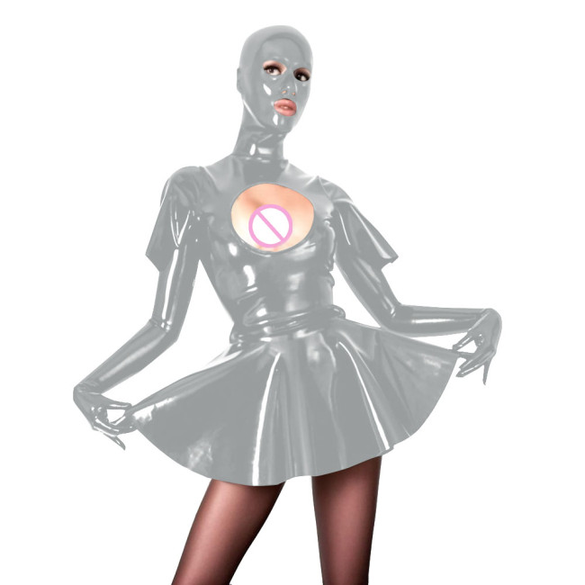 Novelty Pleated Mini Dress with Masked Hood Sexy Hollow  Vinyl PVC Leather Long Sleeve Short Swing Dress Sissy Wetlook Clubwear