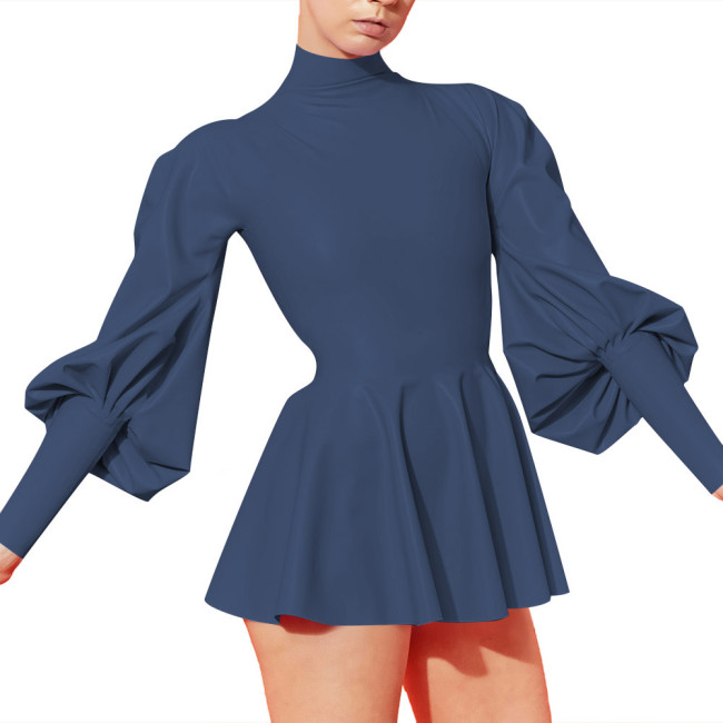 Mens Sissy French Elegant Mini Dresses Vinyl PVC Leather Lantern Sleeve Back Zipper Slim A Line Dress Party Turtleneck Vestidos