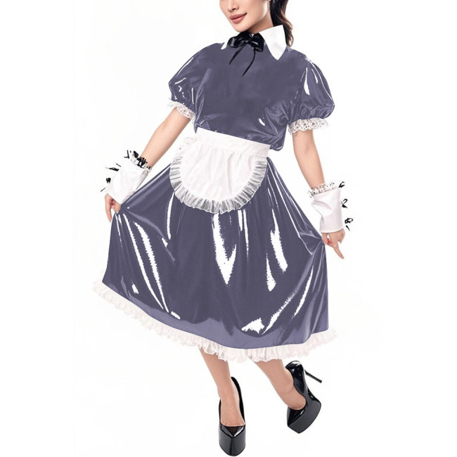 Sissy Puff Short Sleeve Vinyl PVC Maid Dresses Halloween Party Cosplay Servant Uniform Cross Dresser Midi Maid Dress with Apron