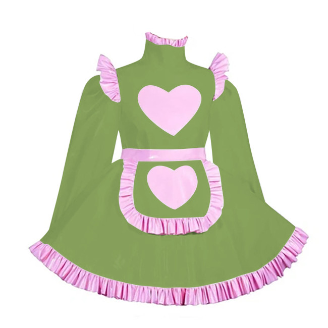 Lockable Adult Cross Dressing Pleated Mini Maid Dress Sissy Lolita Heart A-line PVC Dress with Apron Halloween Cosplay Outfits