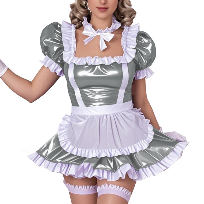 Square Neck Ruffled Edge Sexy Maid Dress Outfits Sissy Wetlook PVC Leather A-Line Dress Sets Raves Party Cosplay Maid Uniforms