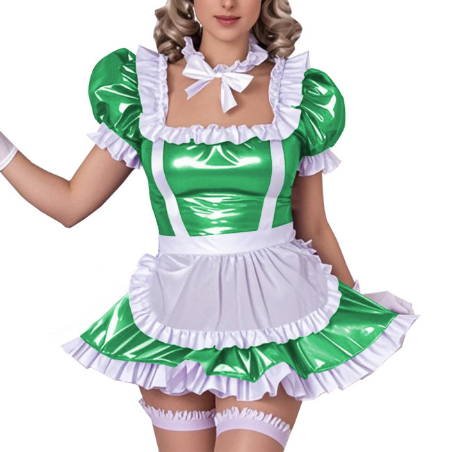 Square Neck Ruffled Edge Sexy Maid Dress Outfits Sissy Wetlook PVC Leather A-Line Dress Sets Raves Party Cosplay Maid Uniforms