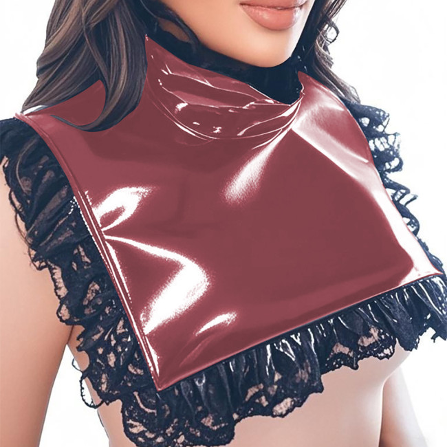 Lolita Wetlook High Neck Bib Collar Glossy PVC Leather Square Collar with Pleated Lace Trim Raves Party Cosplay Neckwear Cape