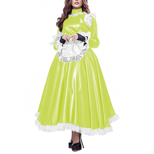 Party Gothic Maid Long Dress Elegant Lolita PU Leather High Waist Maid Dresses with Apron Cross-dresser Cosplay Maid Uniforms