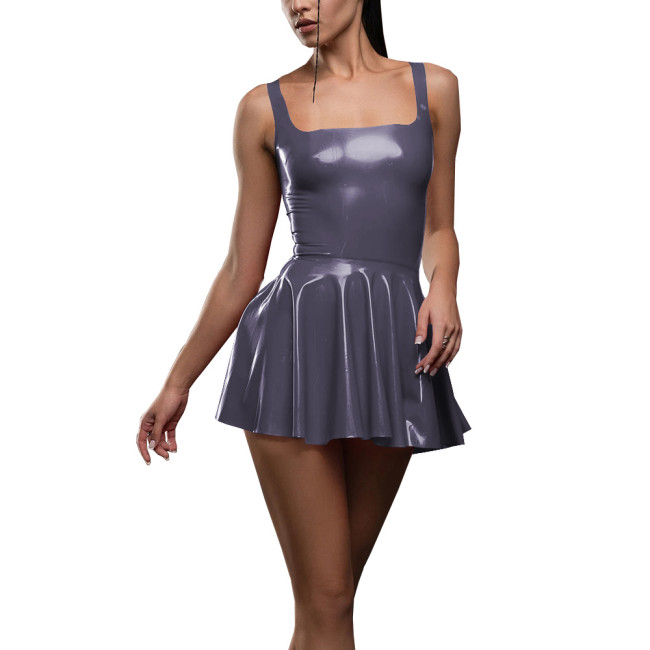 Summer Solid Color Sleeveless Mini Dress Womens Sweet Square Collar High Waist A-line Dress Vinyl PVC Leather Sexy Pleated Dress