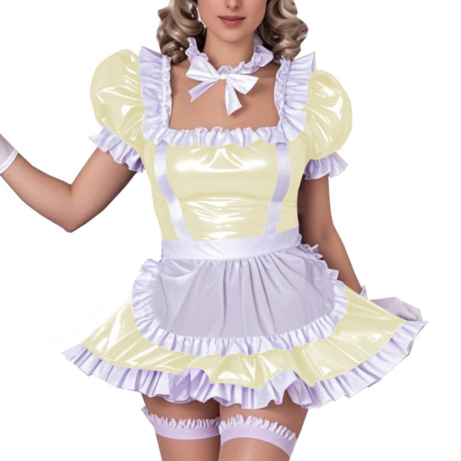 Square Neck Ruffled Edge Sexy Maid Dress Outfits Sissy Wetlook PVC Leather A-Line Dress Sets Raves Party Cosplay Maid Uniforms