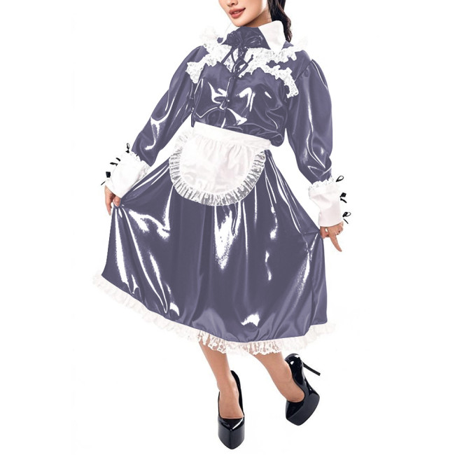 Mens Sissy Maid Cosplay Outfit Long Sleeve Lace Maid Servant Uniform Shiny PVC Leather A-line Maid Dress with Apron Crossdresser