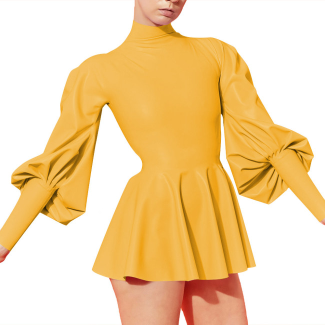 Mens Sissy French Elegant Mini Dresses Vinyl PVC Leather Lantern Sleeve Back Zipper Slim A Line Dress Party Turtleneck Vestidos