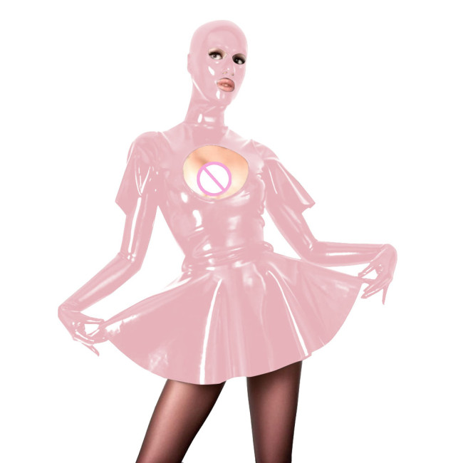 Novelty Pleated Mini Dress with Masked Hood Sexy Hollow  Vinyl PVC Leather Long Sleeve Short Swing Dress Sissy Wetlook Clubwear