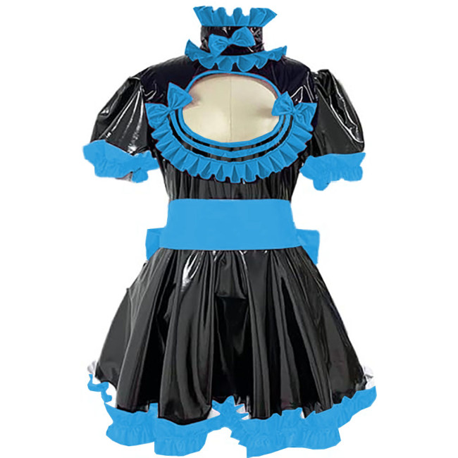 Cross Dresser Ruffles Hem A-line Maid Dresses Sissy Vinyl PVC Leather Lolita Maid Dress Exotic Hollow Pleat Short Dress Outfits