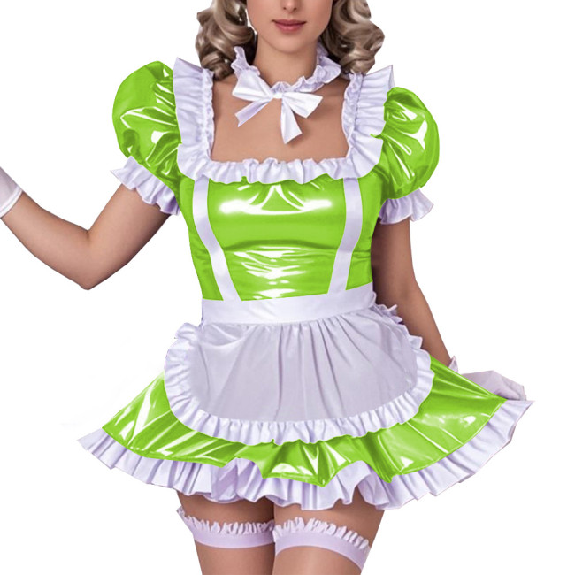 Square Neck Ruffled Edge Sexy Maid Dress Outfits Sissy Wetlook PVC Leather A-Line Dress Sets Raves Party Cosplay Maid Uniforms