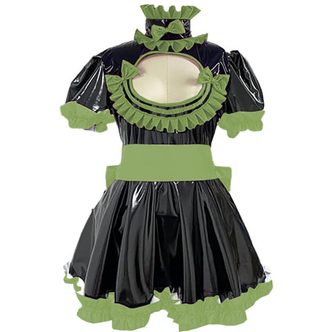 Cross Dresser Ruffles Hem A-line Maid Dresses Sissy Vinyl PVC Leather Lolita Maid Dress Exotic Hollow Pleat Short Dress Outfits