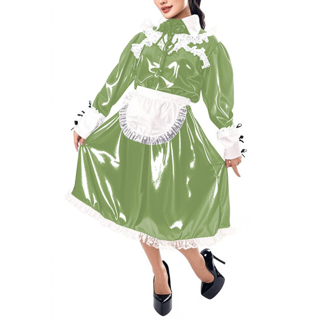 Mens Sissy Maid Cosplay Outfit Long Sleeve Lace Maid Servant Uniform Shiny PVC Leather A-line Maid Dress with Apron Crossdresser