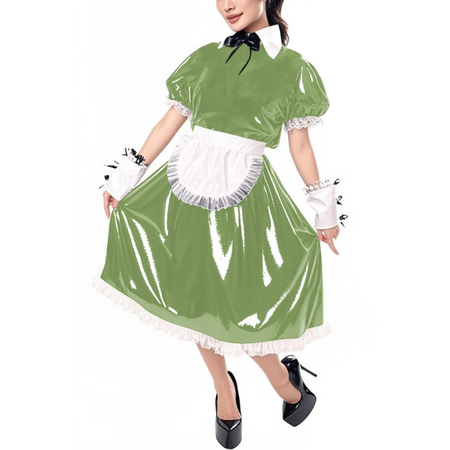 Sissy Puff Short Sleeve Vinyl PVC Maid Dresses Halloween Party Cosplay Servant Uniform Cross Dresser Midi Maid Dress with Apron