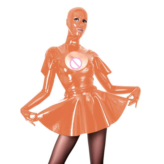 Novelty Pleated Mini Dress with Masked Hood Sexy Hollow  Vinyl PVC Leather Long Sleeve Short Swing Dress Sissy Wetlook Clubwear