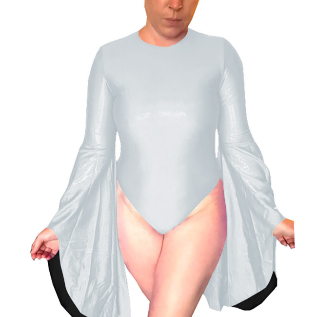 Sissy Shiny High Cut Leotard Flared Long Sleeve Open Back Bodysuit Holographic Laser O-neck Party Cosplay Catsuit Clubwear
