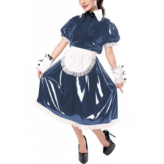 Sissy Puff Short Sleeve Vinyl PVC Maid Dresses Halloween Party Cosplay Servant Uniform Cross Dresser Midi Maid Dress with Apron