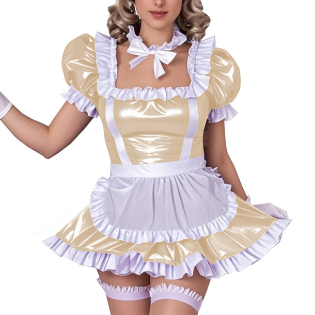 Square Neck Ruffled Edge Sexy Maid Dress Outfits Sissy Wetlook PVC Leather A-Line Dress Sets Raves Party Cosplay Maid Uniforms
