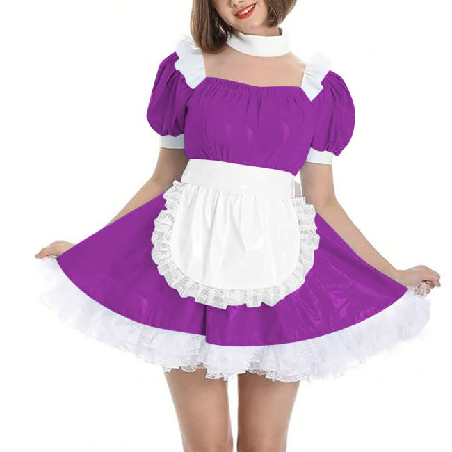 Womens Wetlook Maid Outfit Anime French Apron Lolita Maid Uniforms Cross-dresser Mini Maid Fancy Dress Cosplay Costume for Party