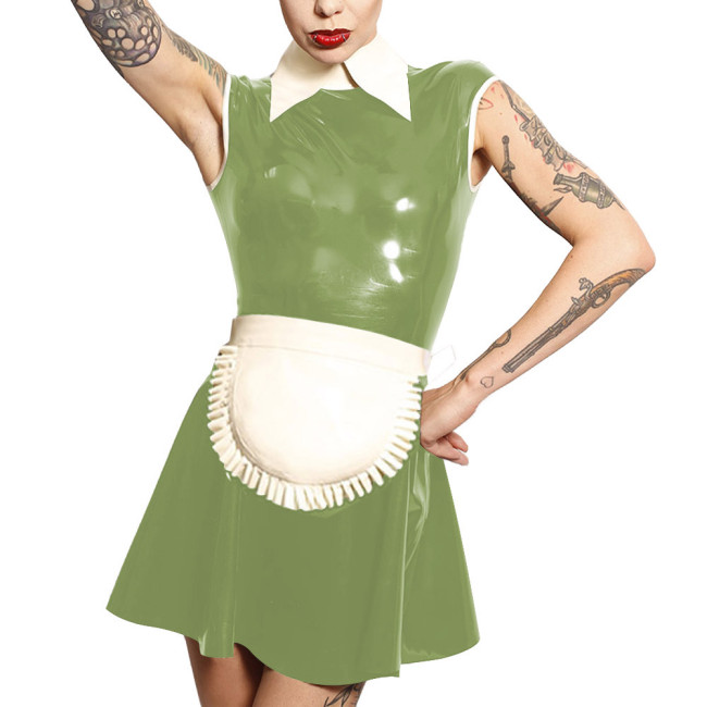 Mens Sissy Latex-look Maid Outfit Sleeveless A-line Mini Dress with Apron Unisex PVC Maid Uniforms Raves Party Cosplay Costume