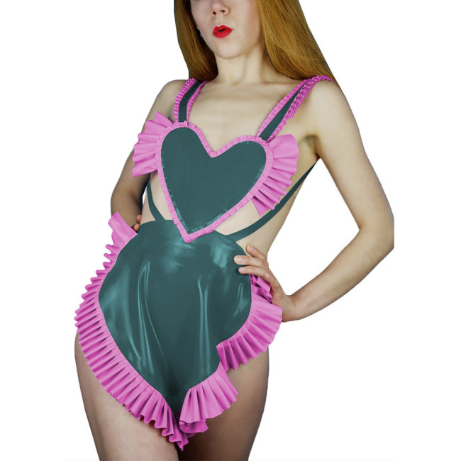 Sweet Sexy Backless Heart Apron Erotic Dress Shiny PVC Leather Ruffled Shoulder Strap Apron Raves Party Cosplay Accessories 7XL