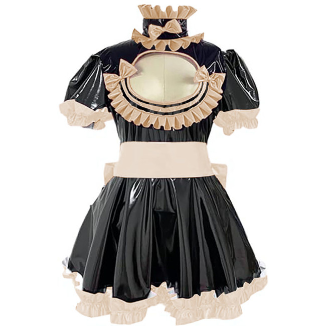 Cross Dresser Ruffles Hem A-line Maid Dresses Sissy Vinyl PVC Leather Lolita Maid Dress Exotic Hollow Pleat Short Dress Outfits