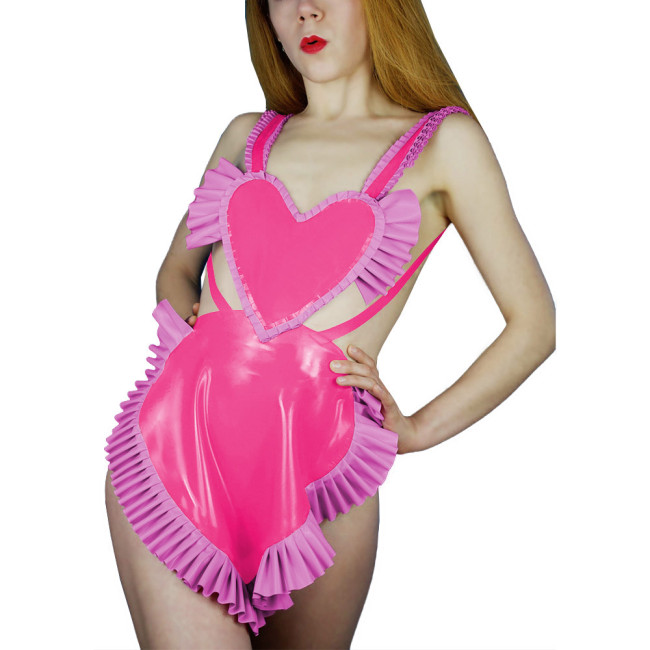 Sweet Sexy Backless Heart Apron Erotic Dress Shiny PVC Leather Ruffled Shoulder Strap Apron Raves Party Cosplay Accessories 7XL