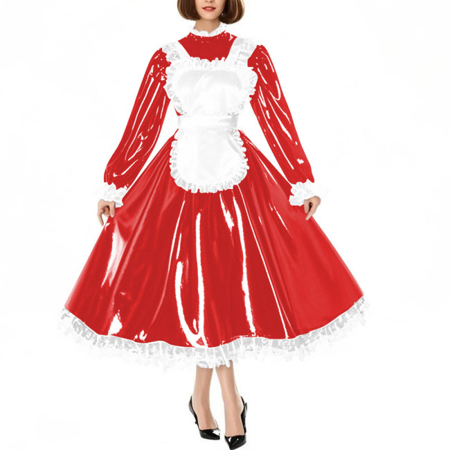 Sissy Crossdress Maid Cosplay Dress Outfits Puff Long Sleeve Lockable Long A-line Lolita Maid Dress Wetlook Apron Servant Dress