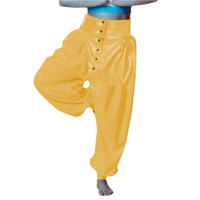 Vinyl PVC Leather Party Bloomers Pants Sissy High Waist Loose Lantern Pants Fashion Button-up Open Crotch Pants Female Trouster