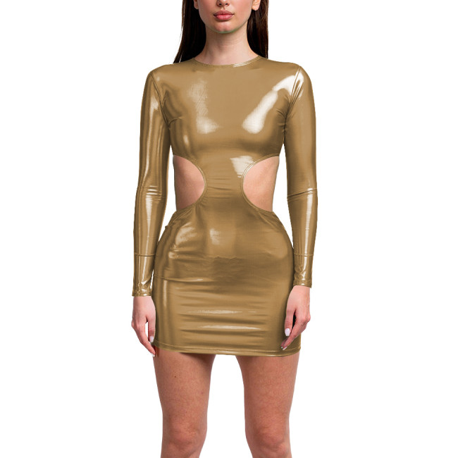 Exotic Long Sleeves Bodycon Hollow Out Sexy Holographic Laser Dress Women O Neck Slim Fit Hip Wrap Mini Dress Shiny Club Outfits