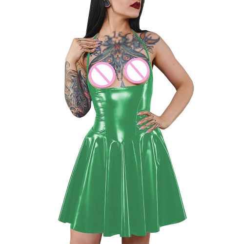 Ladies Short Sexy A-line Dress Exotic Kinky Vinyl PVC Leather Halter Straps Mini Dress with Back Lacing Womens Club Clothing