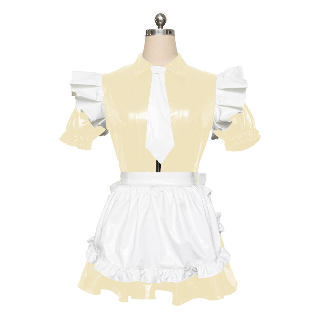 Maid PVC Leather Short Sleeve Slim Fit Pleated Mini Dress Adult Sex Costume for Role Play Cosplay Sissy Mens Maid Sets