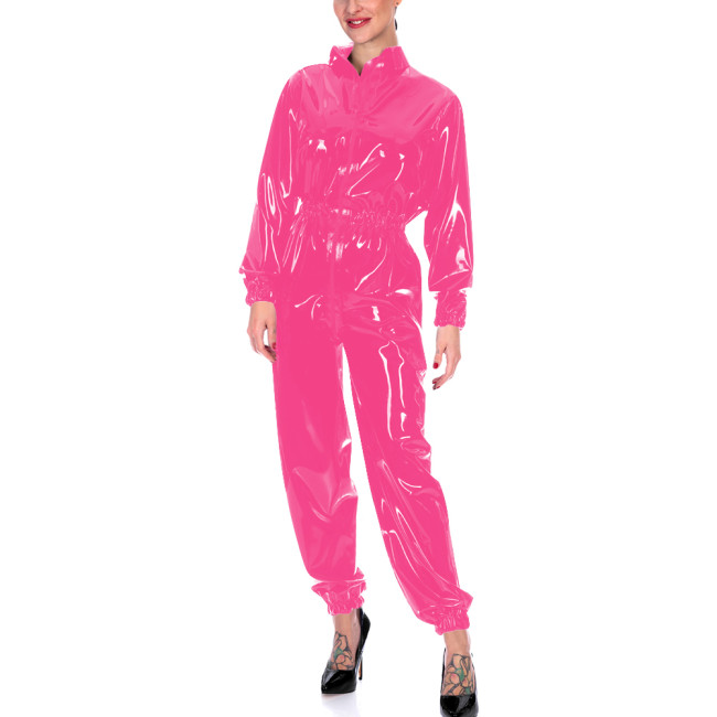 Faux Leather Long Sleeves Jumpsuits for Women High Waist Bodycon One Piece Overalls Stretch Slim Latex Look Catsuit Fetish Wear