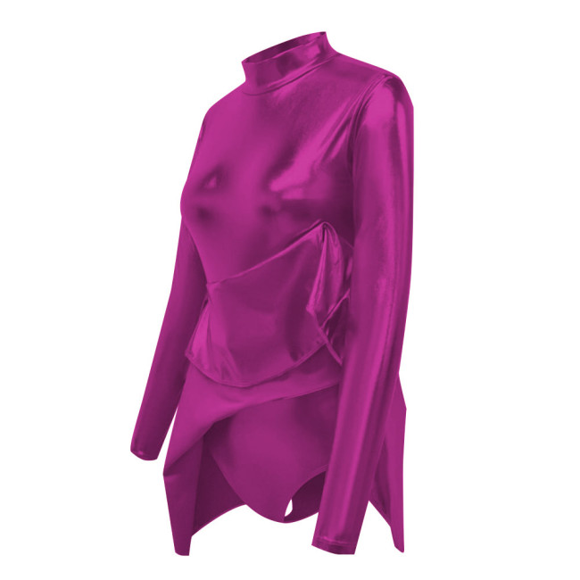 Shiny Metallic Sissy Bodysuit with Skirted Cross-dresser Party Long Sleeve Turtleneck A-Line Flared Dress Rompers Unisex Cosplay