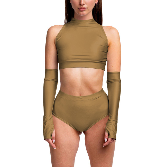 Summer 3 Piece Set Women Sexy Club Sleeveless Bodycon Crop Top PU Leather Low Waist Sexy Panties Stage Apparel Exotic Sets 7XL