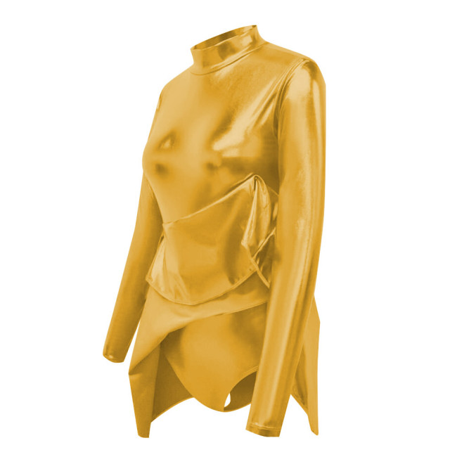 Shiny Metallic Sissy Bodysuit with Skirted Cross-dresser Party Long Sleeve Turtleneck A-Line Flared Dress Rompers Unisex Cosplay