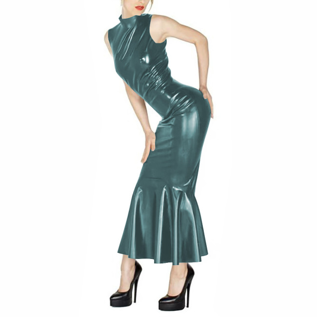 Summer Mock Neck Bodycon Elegant Evening Dress Vinyl PVC Leather  Sleeveless Maxi Dresses Wetlook Female Mermaid Gown Vestidos