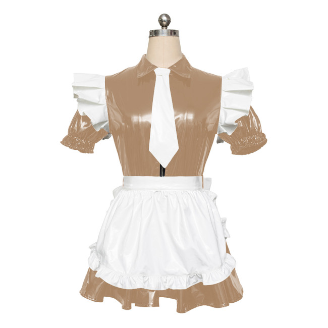 Maid PVC Leather Short Sleeve Slim Fit Pleated Mini Dress Adult Sex Costume for Role Play Cosplay Sissy Mens Maid Sets