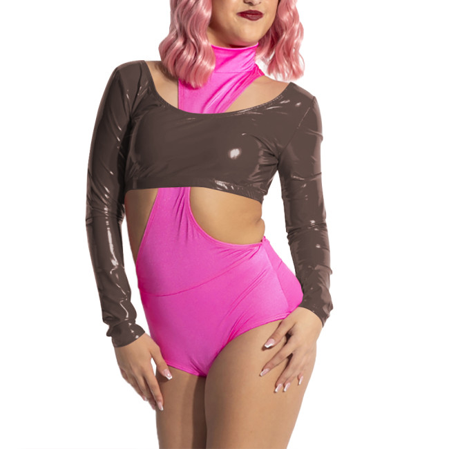 Women Scoop Neck Open Back Short Top for Raves Party Costumes Long Sleeve Vinyl Backless Top Sexy Shiny PVC Leather Crop Tee