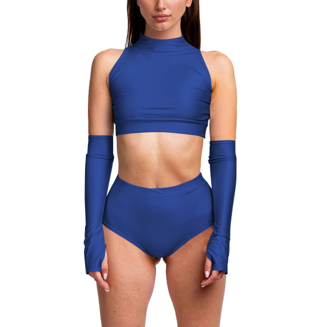 Summer 3 Piece Set Women Sexy Club Sleeveless Bodycon Crop Top PU Leather Low Waist Sexy Panties Stage Apparel Exotic Sets 7XL