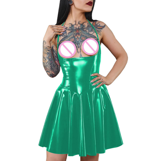 Ladies Short Sexy A-line Dress Exotic Kinky Vinyl PVC Leather Halter Straps Mini Dress with Back Lacing Womens Club Clothing
