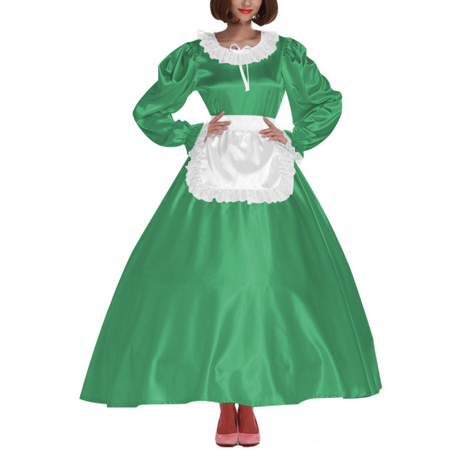 French Sissy Long Maid Dress Crossdress Lace Frill Maxi Maid Uniforms Party Round Neck Satin Dress with Apron Cosplay Costume