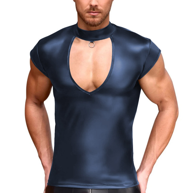 Men's Matte Faux Leather T-Shirt Solid Color Tight Turtleneck Hollow Out Tops Party Male Blouse Men Clothing Sexy Streetwear