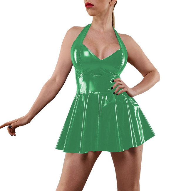 Shiny PVC Leather Sundress for Womens Glossy Party Swing Pleated Mini Dress Lady Sexy Halter Backless A-line Dress Evening Gown