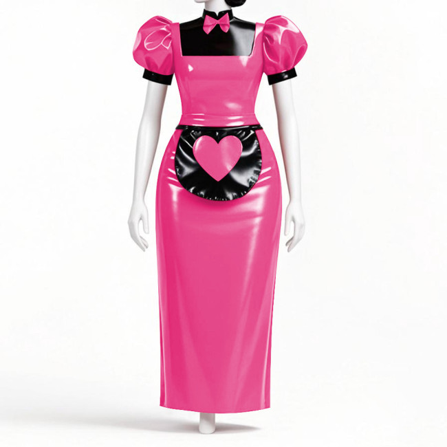 Japanese Anime Sweet Lolita Maid Dress Outfits Mens Womens Waitress Maid Uniforms Wetlook PVC Leather Long Cosplay Dress Sets